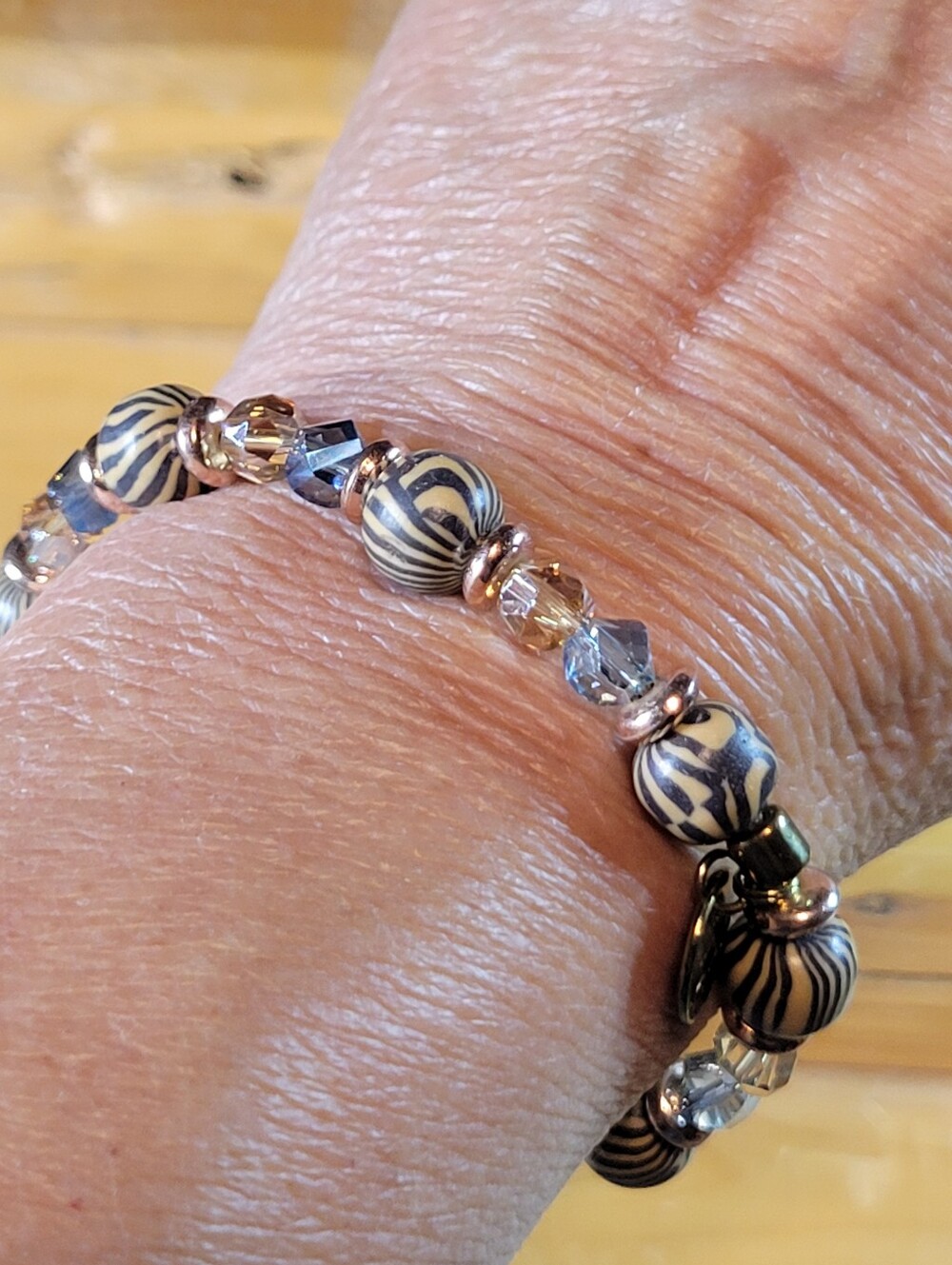 Erimish Black & Cream Polymer Clay Beaded Bracelet w/ Blue & Peach Crystals